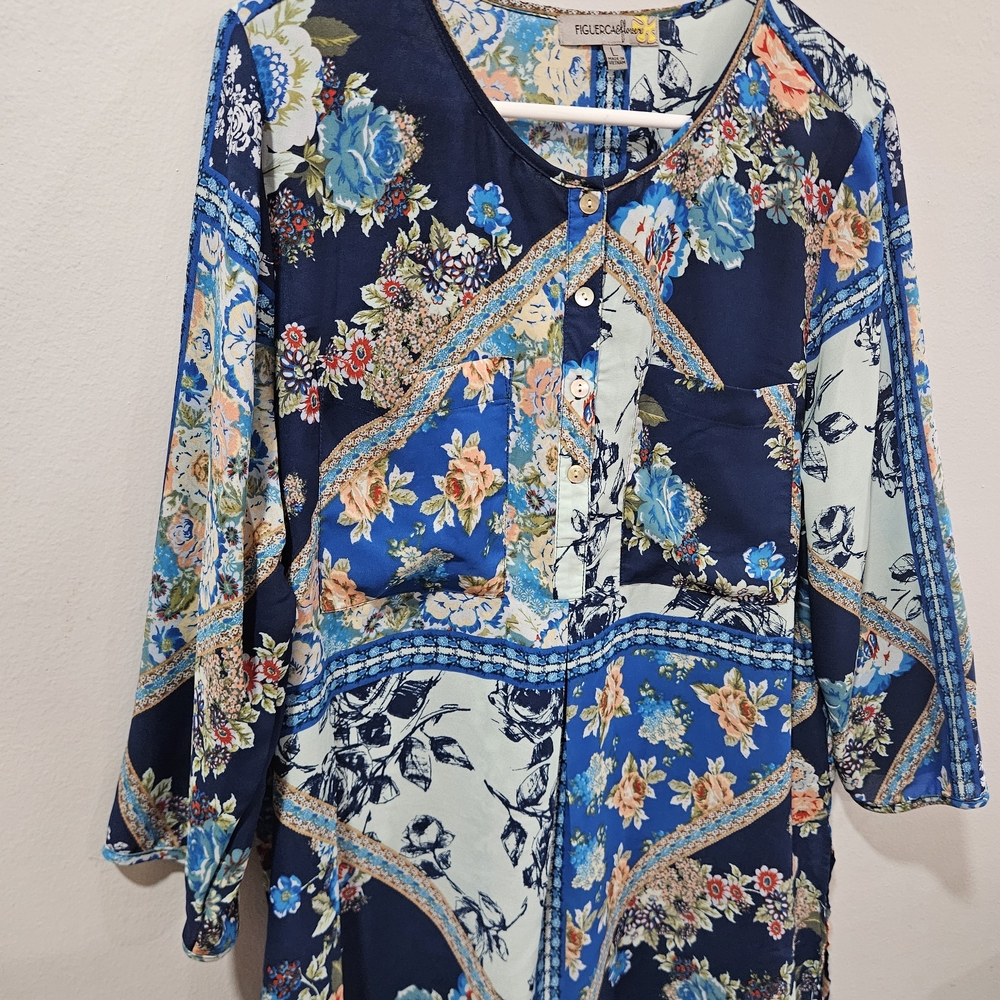 Figueroa & Flower Blue Floral Tunic Blouse Boho Patchwork Design, Size Large - Picture 4 of 10
